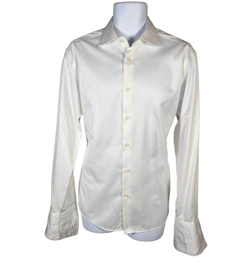 Pronto Uomo Non-Iron Slim Fit White Textured Long Cuffed Sleeve Dress Shirt